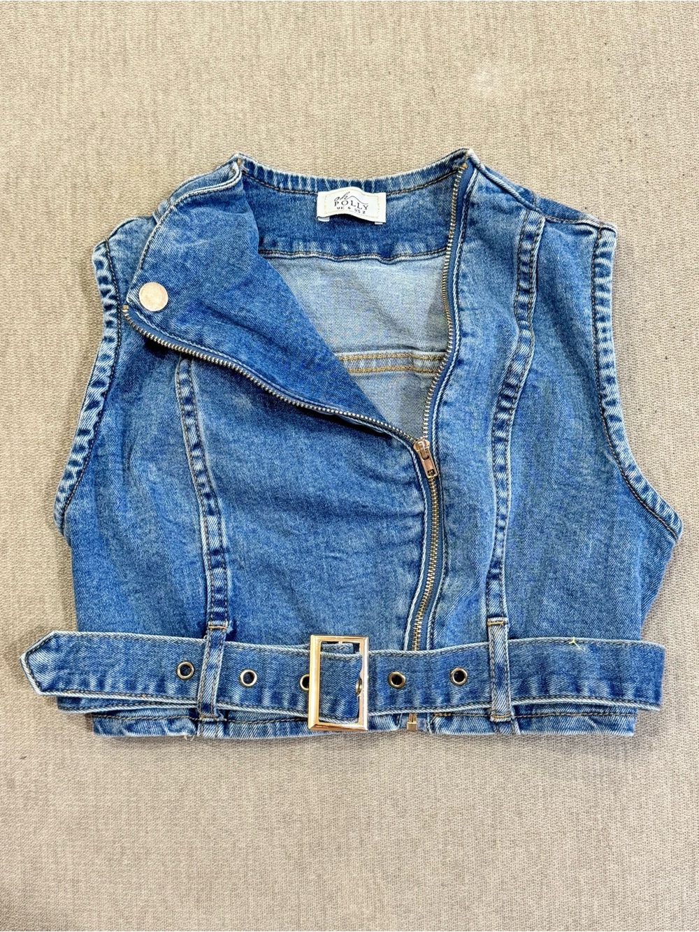 Oh Polly Denim Zip-Up Crop Top with Belt